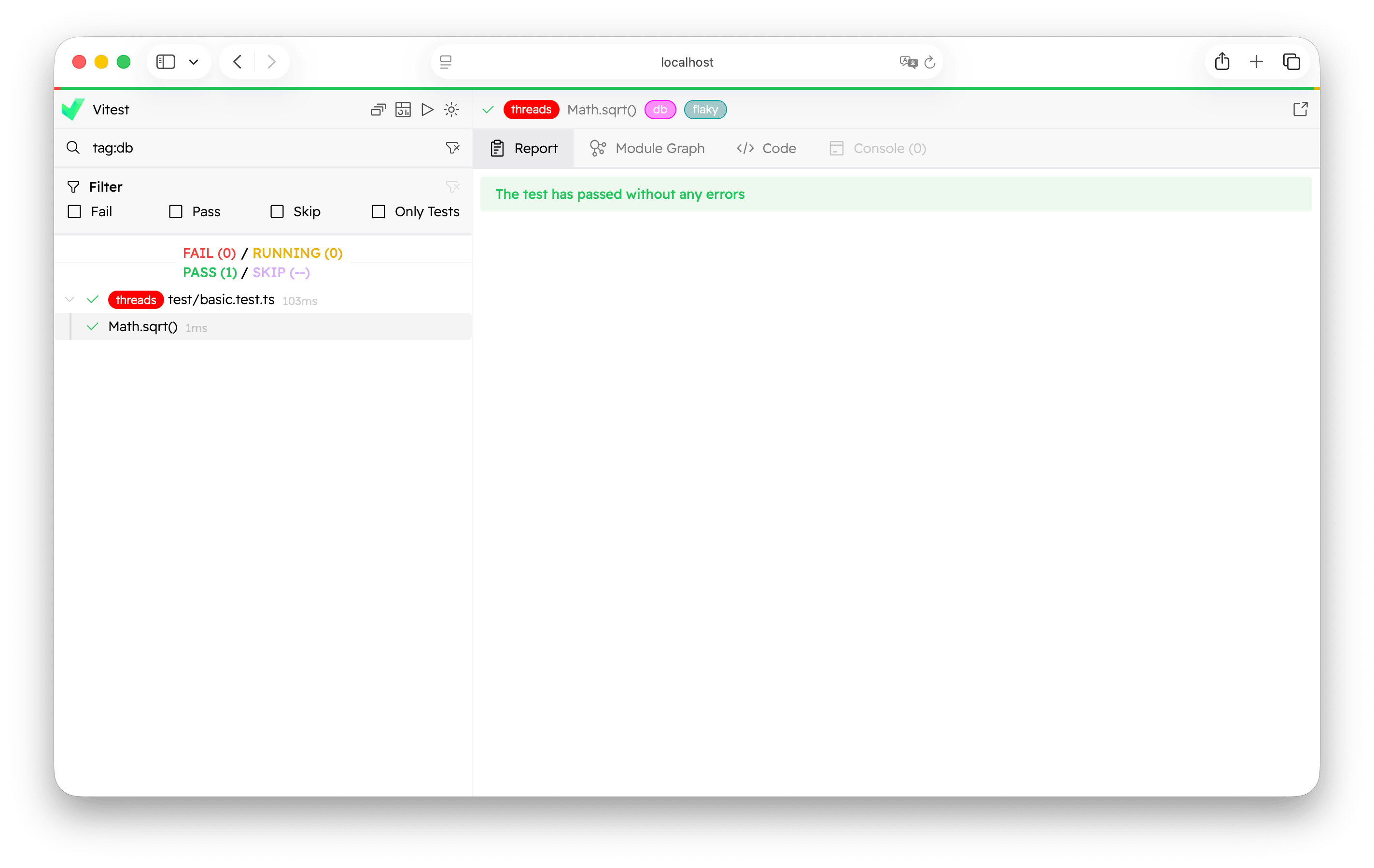 The tags filter in Vitest UI
